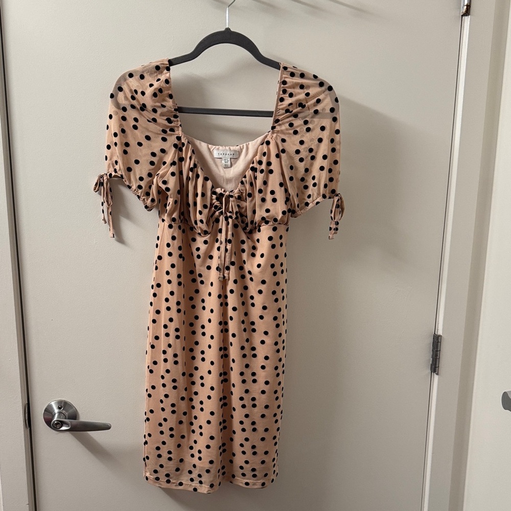 Top Shop Blush Pink Polka Dot Midi Dress with Ruffle Tie